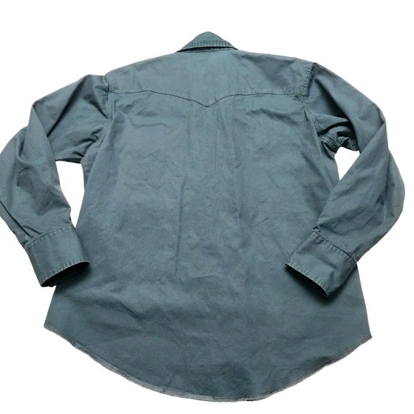 Vintage Wrangler Blue Green Bushpopper Heavy Denim Pearl Snap Long Sleeve - Picture 3 of 7